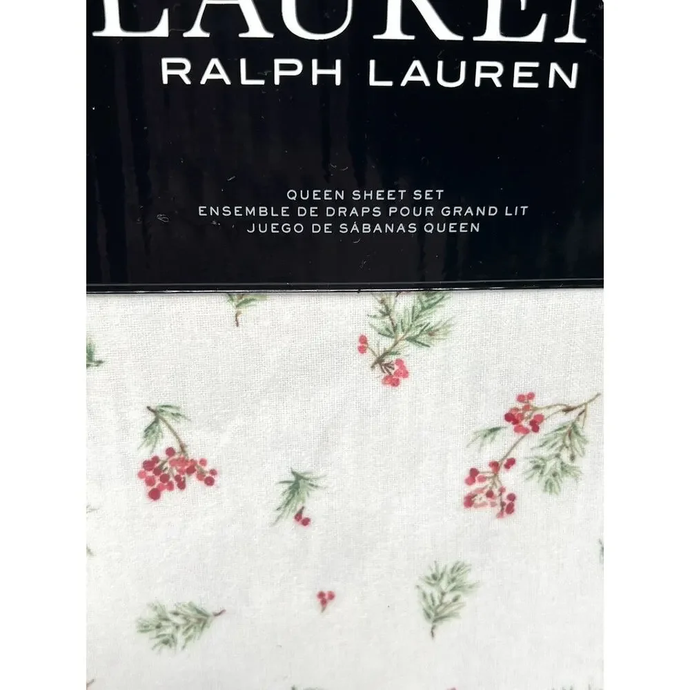 Ralph Lauren Christmas Mackenzie Flannel Sheet Set Queen Holiday Holly Mistletoe